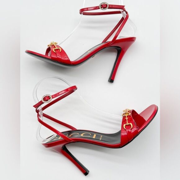 Gucci Moorea Horsebit Hibiscus Red Patent Leather Heeled Ankle Wrap Sandals EU38 - Picture 7 of 11